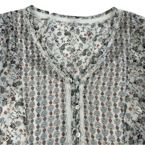 Hollister Boho Peasant Blouse Top Sheer Floral Long Sleeve Top Size Large Lace‎ - Picture 2 of 8